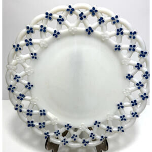 Vtg Westmoreland Milk Glass Lattice Edge Lace Floral Forget-Me-Not Plate Cottage